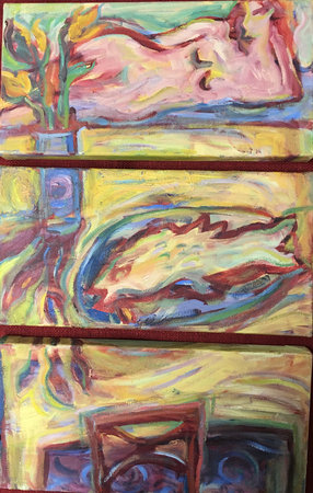 Fish On a Dish  oil on canvas triptych 5 x 10 inches